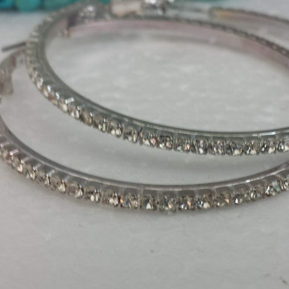 Extra Large Hoop Earrings Silver Rhinestones Large Statement Earrings - Picture 3 of 9